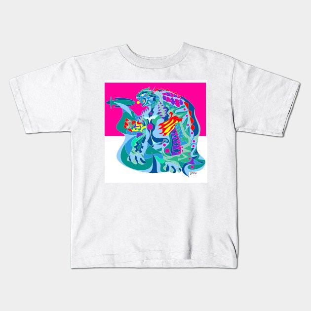 blue tortoise gamera beast kaiju in ecopop mexican patterns art Kids T-Shirt by jorge_lebeau